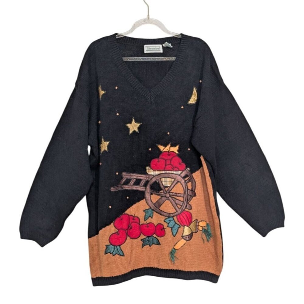 Vintage Apple Picking Sweater Womens Size Large Black Beaded V Neck Pullover